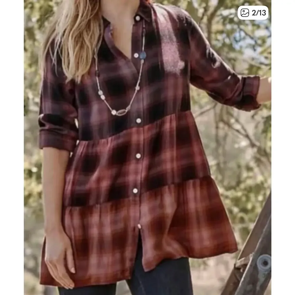 J.Jill Ombre Plaid Tiered Babydoll Button Up Tunic Top Long Sleeve Burgundy Sz M - Picture 15 of 15